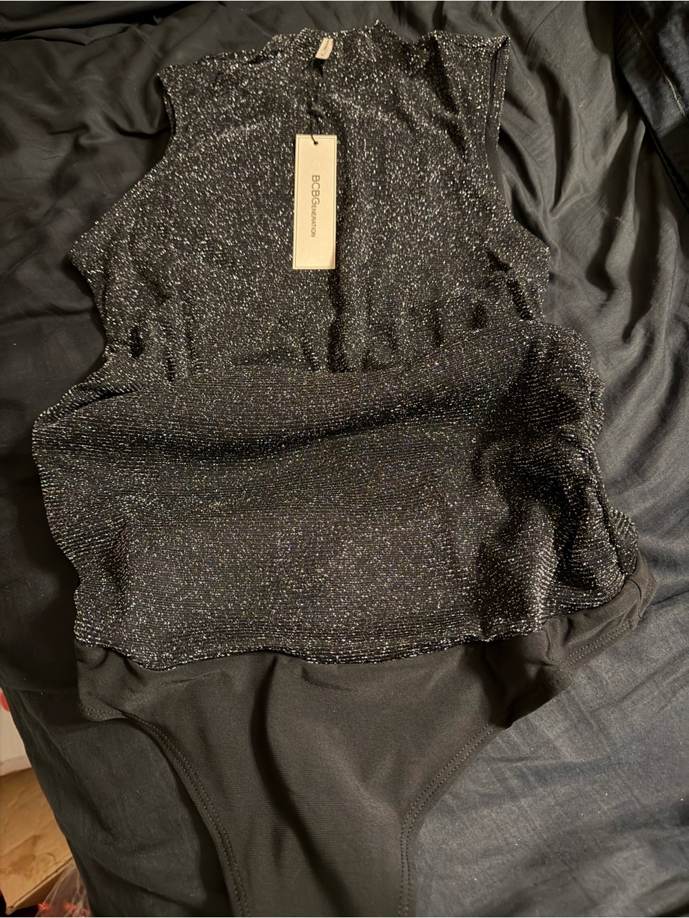 BCBGeneration Black Shimmer Sleeveless Bodysuit